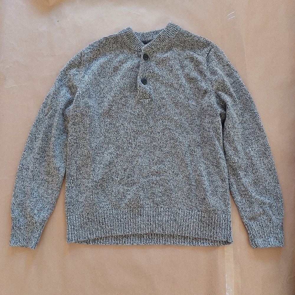 Eddie Bauer Henley Style Sweater 100% Cotton Heather Gray Knit L Mens